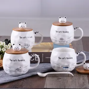 YIDING Hot Cute Cat 3D Ceramic Mugs Creative Milk Coffee Tea Cup Unique Porcelain Mugs with Lid and Spoon