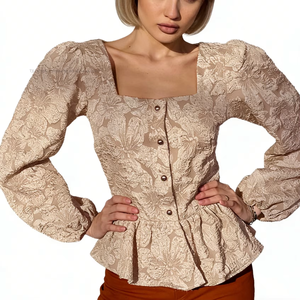 Women's Jacquard Square Neck Puff Sleeve Peplum Blouse - Button-Front Casual <b>Top</b> Shirt Fashion - Product Image 3