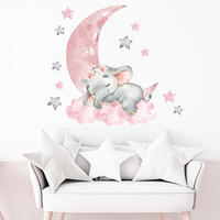 Autocollants muraux imprimés éléphant endormi et lune bleus et roses, peintures murales décoratives pour chambre d'enfant, décorations murales pour chambre d'enfant