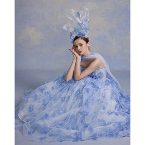 Strapless Blue Cherry Blossoms Wedding Gown Empire Waist Tulle Ball Gown Floral Print Princess Style - Product Image 4