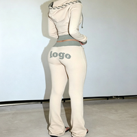 Ensemble de survêtement Y2K personnalisé en coton tricoté pour femme : sweat à capuche court coupe ajustée et pantalon de jogging évasé effet usé