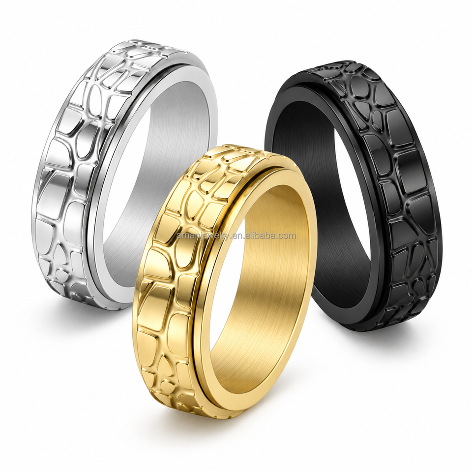 ARNAN New Stone Texture Ring Stainless Steel Rotating Spinner Band ...