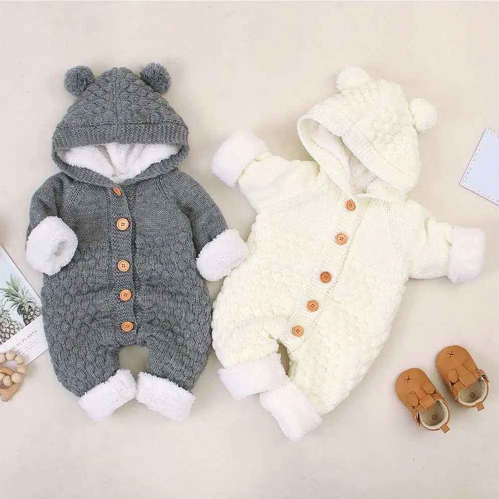 2023 Winter Custom Logo Design Baby Hooded Knitted Rompers Newborn Girls' Boys' Warm Sweater Jumpsuit New Born Baby Clothing