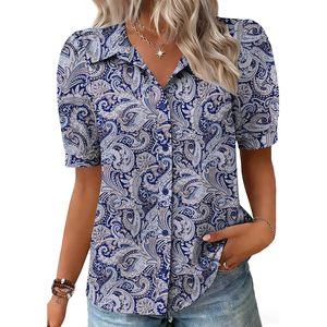 Camisa de mujer con botones, manga corta, blusa de gasa con estampado de Paisley, Top informal de negocios, ropa de verano - Product Image 1