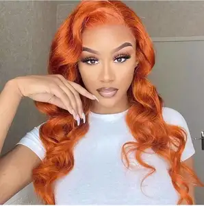 #350 Rambut Manusia Gelombang Tubuh Brasil Oranye Jahe 13X4 Wig Renda Depan Transparan untuk Wanita Hitam Wig Rambut Manusia Penuh Renda