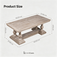 Table à manger rectangulaire en chêne massif à double piétement, style ferme française, finition patinée, pieds balustres, 8 places, pour villa et hôtel