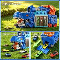Jouet lanceur de camions dinosaures transformable, ensemble de jeu de véhicules dinosaures 2 en 1 avec mini voitures et rangement, cadeau pour garçons et filles de 3 ans et plus