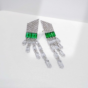 wholesale plata 925 silver Luxury green zircon earring party women Pear Cut stone <b>emerald</b> gold plated women long tassel earrings - Product Image 2