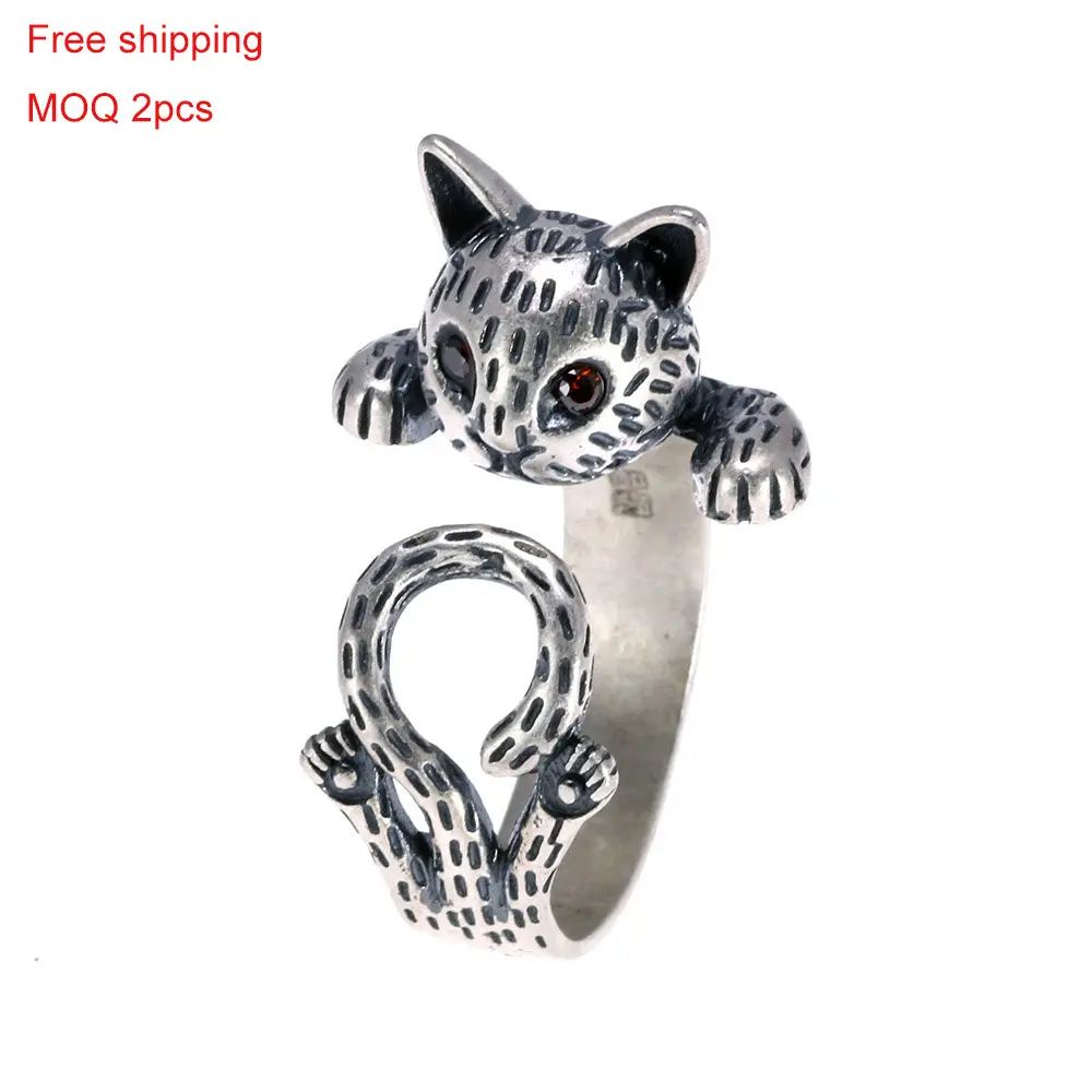 Adjustable Vintage Cubic 990 Sterling Silver Jewelry Women Animal Ring With Cute Cats