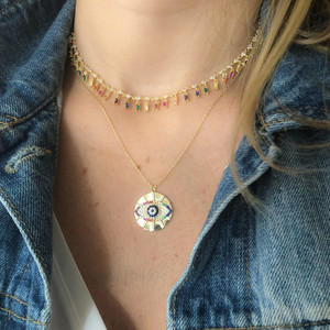 promotion Gold evil eye signet Coin Round pendant necklace Gold filled vintage lucky women chain necklaces 45+5cm