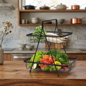 Étagère de rangement rectangulaire à double niveau en métal pour fruits, organisateur de cuisine sur pied, design minimaliste, noir - Product Image 3
