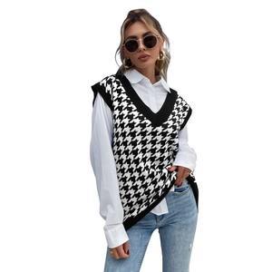 Pull-over à <span class=keywords><strong>pied</strong></span>-<span class=keywords><strong>de</strong></span>-<span class=keywords><strong>poule</strong></span> à carreaux, col en V, <span class=keywords><strong>sans</strong></span> manches, hauts femme, pull-over tricoté, gilet - Product Image 1