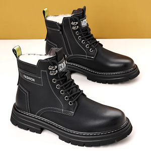 Botas Martin para hombre, botines cálidos con forro de piel para invierno, punta redonda, cordones, suela de goma, color sólido, cuero artificial - Product Image 3