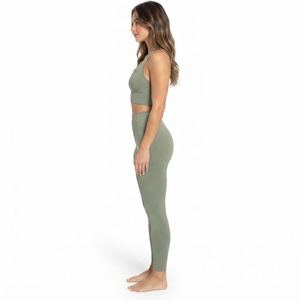 Ensemble de yoga côtelé pour femme, 2 pièces : Leggings taille haute et brassière de sport à col rond, sans couture, respirant, vert uni, tenue de sport - Product Image 4