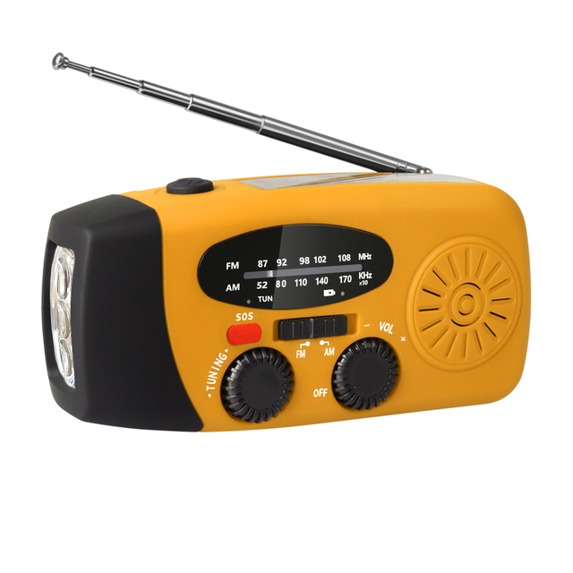Solar Hand Crank Plastic Radio 2000mAh Battery SOS Alarm 3 LED Flashlight USB Charging Power Bank AM/FM Weather Radio