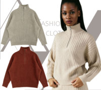 Conjunto de punto chic de 2 piezas: Suéter holgado de media cremallera y pantalones de pierna ancha de cintura alta