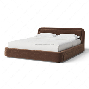 FERLY Modern Low Profile Upholstered <strong>Bed</strong> Frame King Size Brown Velvet <strong>Double</strong> <strong>Bed</strong> with Rounded Corners Padded <strong>Platform</strong> BedBedroom - Product Image 4