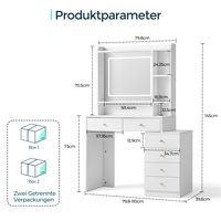 Table de toilette moderne pour chambre à coucher, miroir avec éclairage LED, table cosmétique avec tiroirs et compartiments ouverts, blanc, 80x40x145cm