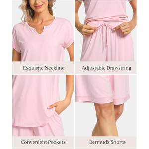 Ensemble de pyjama 2 pièces en viscose de bambou personnalisé pour femme, chemise à manches courtes et short bermuda doux, vêtements de nuit et de détente, vente en gros - Product Image 4
