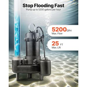 Bomba Sumergible para Aguas Residuales Vevor de 1 HP, 5200 GPH, Hierro Fundido con Interruptor de Flotador, 2 Pulgadas NPT - Product Image 3