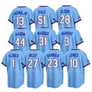 26 Nuevas Camisetas de Béisbol Americanas Cosidas en Azul Polvo, 13 Ronald Acuña Jr., 1 Ozzie Albies, 28 Matt Olson, 27 Riley, 23 <span class=keywords><strong>Harris</strong></span> II - Product Image 1