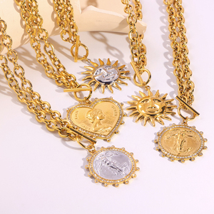 JUSNOVA kalung baja tahan karat 18K wanita, perhiasan Vintage lapis emas dengan liontin koin berbentuk bulat untuk hadiah acara - Product Image 4