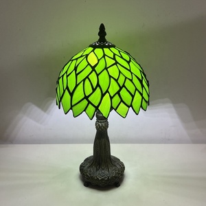 LongHuiJing 8 Inch Tiffany Lamp Stained Glass Bedside Table Lamp Leaf Green Style Reading Table Lamp - Product Image 2