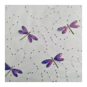 3Mm Kleine Sequin Tule Stof Met Kleurrijke Dragonfly Sequin Geborduurde Tule Kant Stof