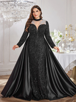 Robe de soirée élégante pour femme, col montant, manches longues droites, tissu en maille contrastée à paillettes, coupe ajustée, traîne de cour