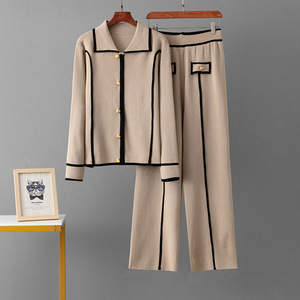 Wholesale Custom Elegant Knitted 2 Piece Cardigan Pants <b>Set</b> Sweater for Women Autumn Office Wear - Product Image 6