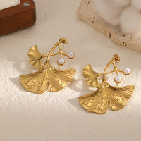 Boucles d'oreilles feuille de ginkgo femme, acier inoxydable plaqué or 18K perle imitation