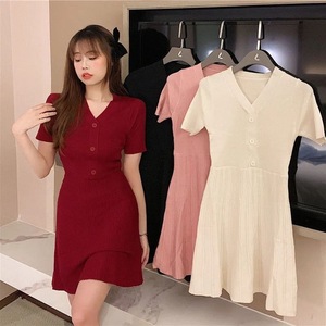 Vestidos <span class=keywords><strong>de</strong></span> punto con cuello en V, vestidos holgados <span class=keywords><strong>de</strong></span> manga corta para mujer, <span class=keywords><strong>vestido</strong></span> midi con volantes - Product Image 1
