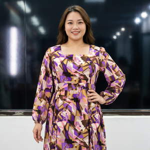 Women's Fashion Geometric Print Asymmetrical Neck Long Sleeve <b>Ruffle</b> Hem Casual Maxi <b>Dress</b> Sweet Breathable Daily Eco-Friendly - Product Image 4