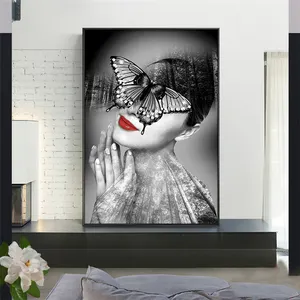 Arte de parede impressa branca, imagem de borboleta para mulheres sexy, arte de lona