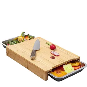 Custom wholesale price cutting fold collapsible bamboo chopping board with Stainless steel double drawer for food preparation