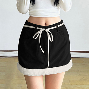 Mini-jupe en velours côtelé Kawaii avec nœud, poches, patchwork en fausse fourrure, taille à cordon, style moulant sexy et doux pour fille, style Y2K club - Product Image 4