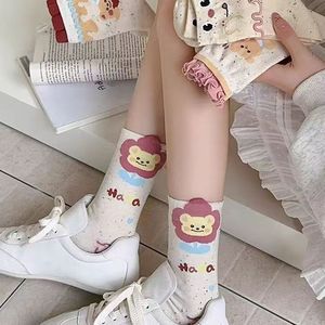 Japanese Cartoon Slouch Socks Women Mid-Calf Cotton Breathable Heart <b>Bear</b> Pattern Sweet School Style Lace Trimmed - Product Image 1