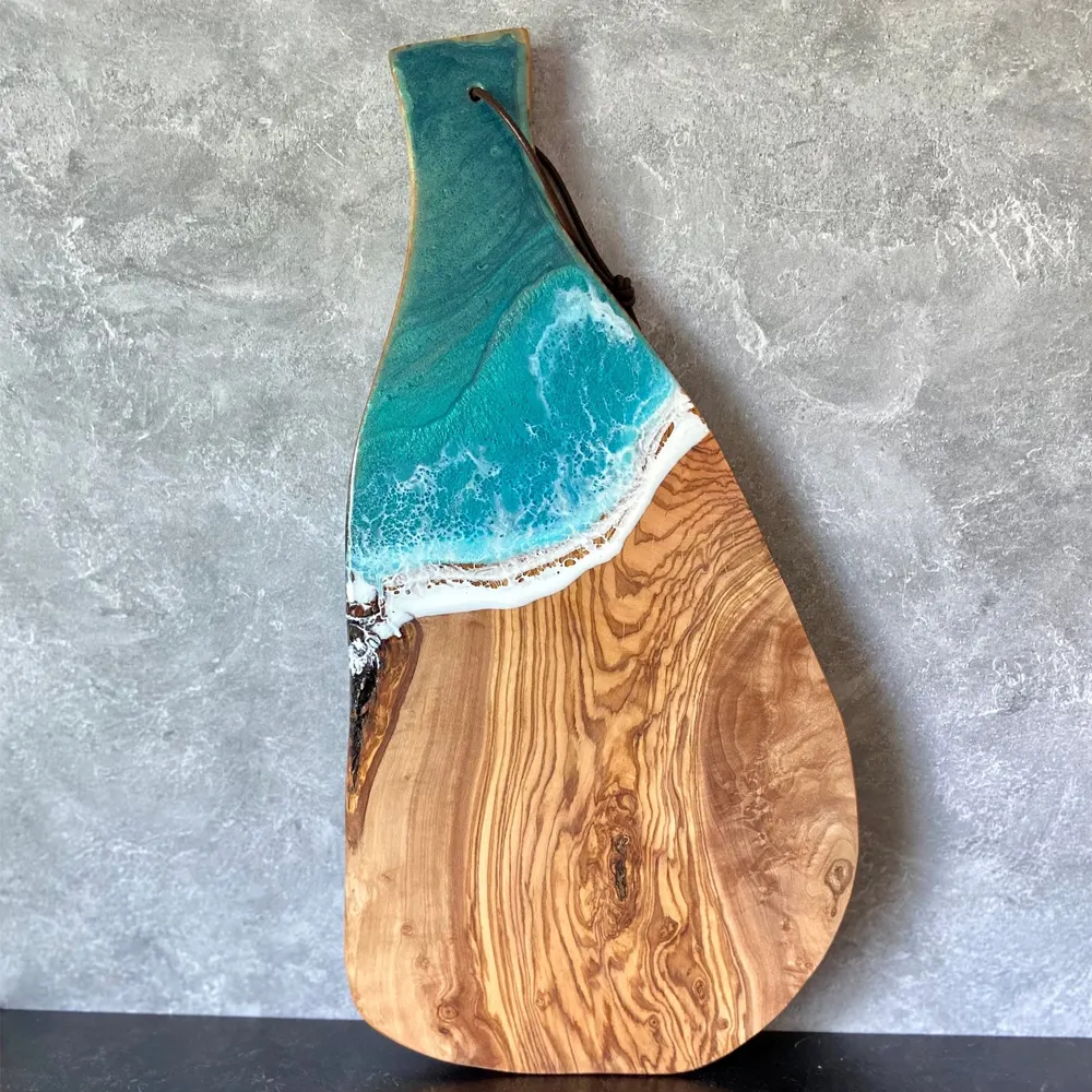 kitchen luxury epoxy resin ocean wave cheese food serving olive acacia wood river artist chopping river cutting board