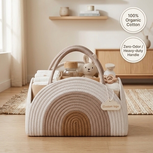 Cesta Organizadora de Pañales de Cuerda de Algodón Ecológica, Cesta de Almacenamiento <span class=keywords><strong>para</strong></span> Bebés Tejida con Diseño de Arcoíris, Regalo <span class=keywords><strong>para</strong></span> el Registro del Bebé - Product Image 1