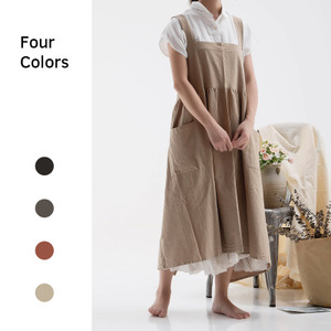 Tablier de cuisine coréen et japonais en coton et lin, couleur unie, avec ceinture, anti-salissures - Product Image 1