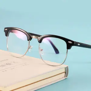 欧美UV400经典复古米钉金属半框蓝色遮光眼镜带金属铰链