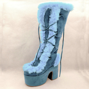 Bottes en daim pour femmes, <span class=keywords><strong>taille</strong></span> <span class=keywords><strong>grande</strong></span>, style western, à lacets, hauteur genou, plateforme, talon épais, fourrure synthétique, <span class=keywords><strong>large</strong></span> <span class=keywords><strong>mollet</strong></span> - Product Image 6