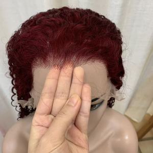 Parrucche <span class=keywords><strong>Jerry</strong></span> Curly Double Drawn 13*4 Lace Frontal Rosso Borgogna Scuro con Capelli Umani Vietnamiti Allineati alle Cuticole e Frangia per Donna - Product Image 3