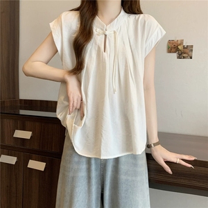 Nuove camicette da donna a maniche corte stile cinese <span class=keywords><strong>camicetta</strong></span> estiva ampia <span class=keywords><strong>con</strong></span> bottoni a <span class=keywords><strong>nodo</strong></span> alla moda Top snellente elegante - Product Image 2