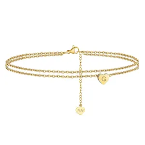 RINNTIN-pulsera con inicial de doble capa APB01 para mujer, brazalete, cadena, cuentas de corazón chapadas en oro, pulseras con abalorio de plata 925