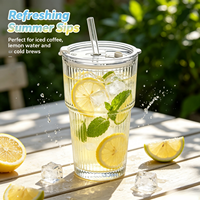Gobelet en verre à rayures verticales, verre cannelé transparent avec couvercles et pailles pour café glacé, cocktail, matcha, smoothie