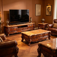 Ensemble Meuble TV et Table Basse Classique Européen en Bois Massif, Luxe, Sculpté à la Main, Plateau en Marbre, Meuble de Salon, Vente en Gros, Armoire de Rangement pour la Maison