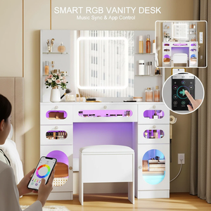 Table de toilette moderne blanche avec miroir éclairé <span class=keywords><strong>et</strong></span> prises, 3 couleurs avec luminosité réglable, tables de toilette avec tiroirs - Product Image 3