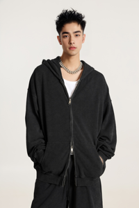 100% cotone pesante <span class=keywords><strong>oversize</strong></span> con cerniera lavata con cappuccio Logo personalizzato <span class=keywords><strong>giacca</strong></span> di spugna tinta unita <span class=keywords><strong>nera</strong></span> Streetwear da uomo - Product Image 2