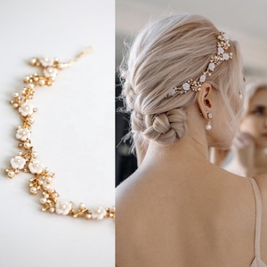 اليدوية زهرة صغيرة بيضاء وذهبية لامعة تصفيح الزفاف طويلة عقال الشعر الديكور كرمة - Product Image 1
